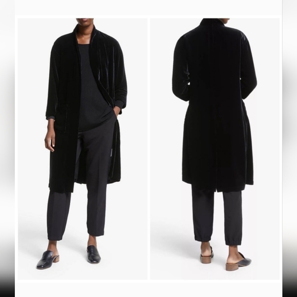 Eileen Fisher Black Velvet Kimono Jacket Long Women Large Silk Blend - Picture 1 of 9